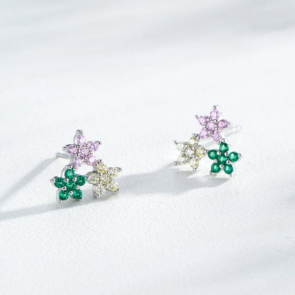 925 Sterling Silver Multi-Color Cubic Zirconia Flower Stud Earrings