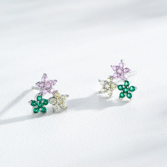 925 Sterling Silver Multi-Color Cubic Zirconia Flower Stud Earrings