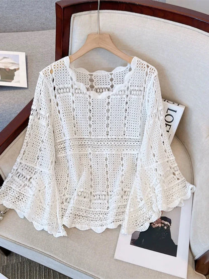 Flare Long Sleeve Cotton Crochet Blouse