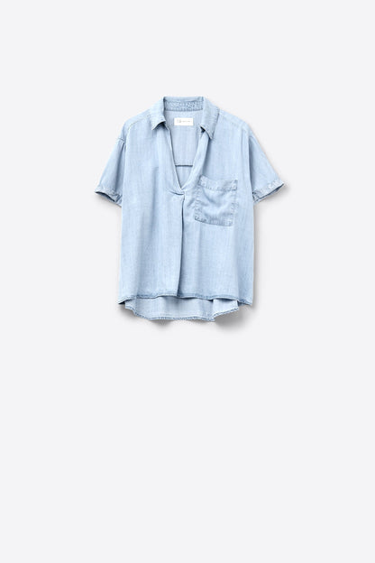 Short Sleeve Tencel Shirt With Chest Pocket in Blue