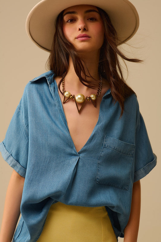 Short Sleeve Tencel Shirt With Chest Pocket in Blue