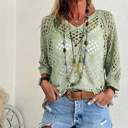 Green Bohemia -  V-Neck  Semi-Sheer Resort Style Pullover