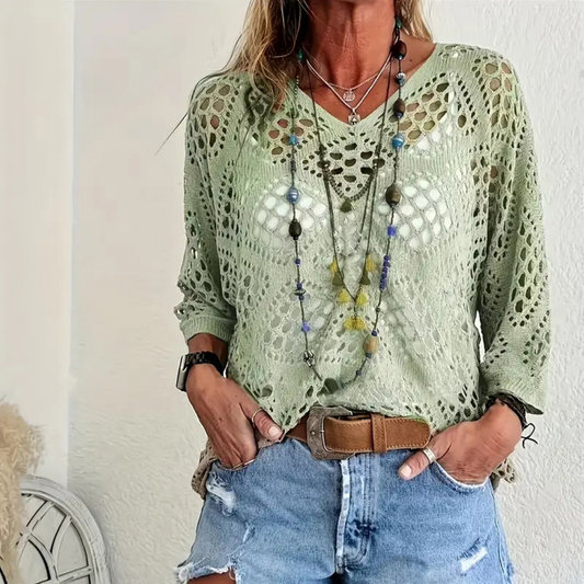 Green Bohemia -  V-Neck  Semi-Sheer Resort Style Pullover