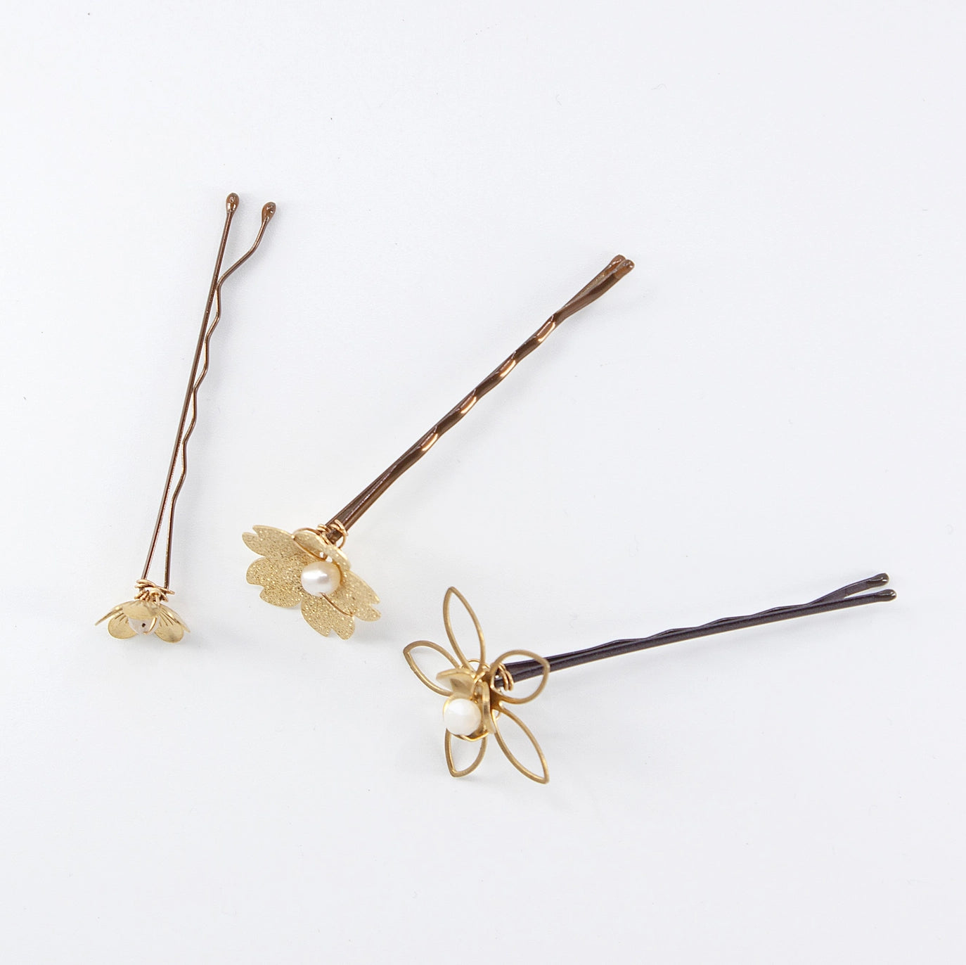 Brass Flower and Mother of Pearl, Pearl, Moonstone Hairpins