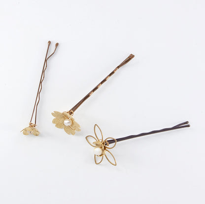 Brass Flower and Mother of Pearl, Pearl, Moonstone Hairpins