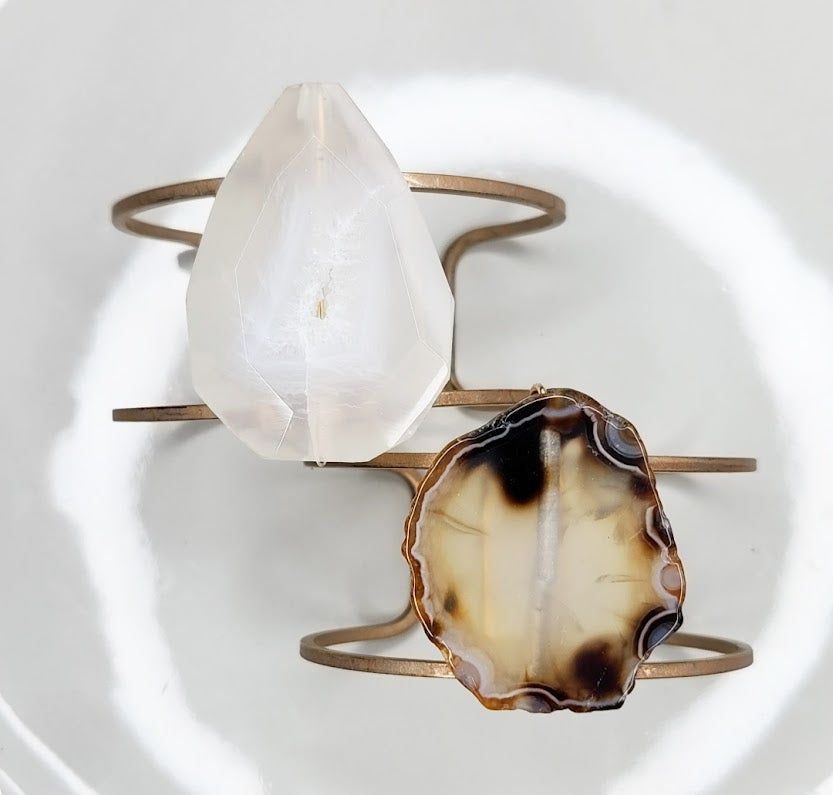 Earthy Agate and Brass Adjustable Statement Cuff Bracelets