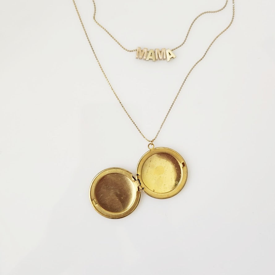 Mama Brass Block Letter Beaded Necklace with Locket Pendant