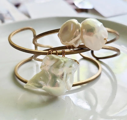 Bold Natural Baroque Pearl Wrapped Brass Cuff Bracelet