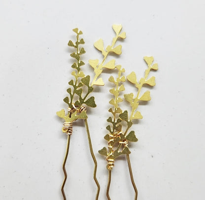Brass Maidenhair Fern Leaf Sprig Wire Wrapped U Hairpins