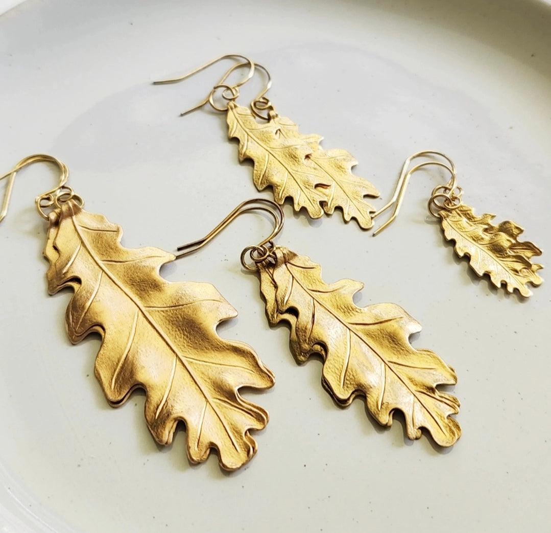 Brass Oak Leaf Dangle Earrings, Floral Botanical Jewelry