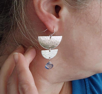 Blue Kyanite and Texture Brass, Silver Moon Phase Earrings