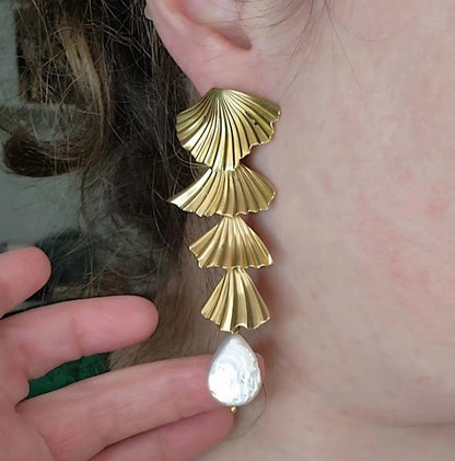 Fluted Brass Fan/Leaf and Freshwater Pearl Post Earrings
