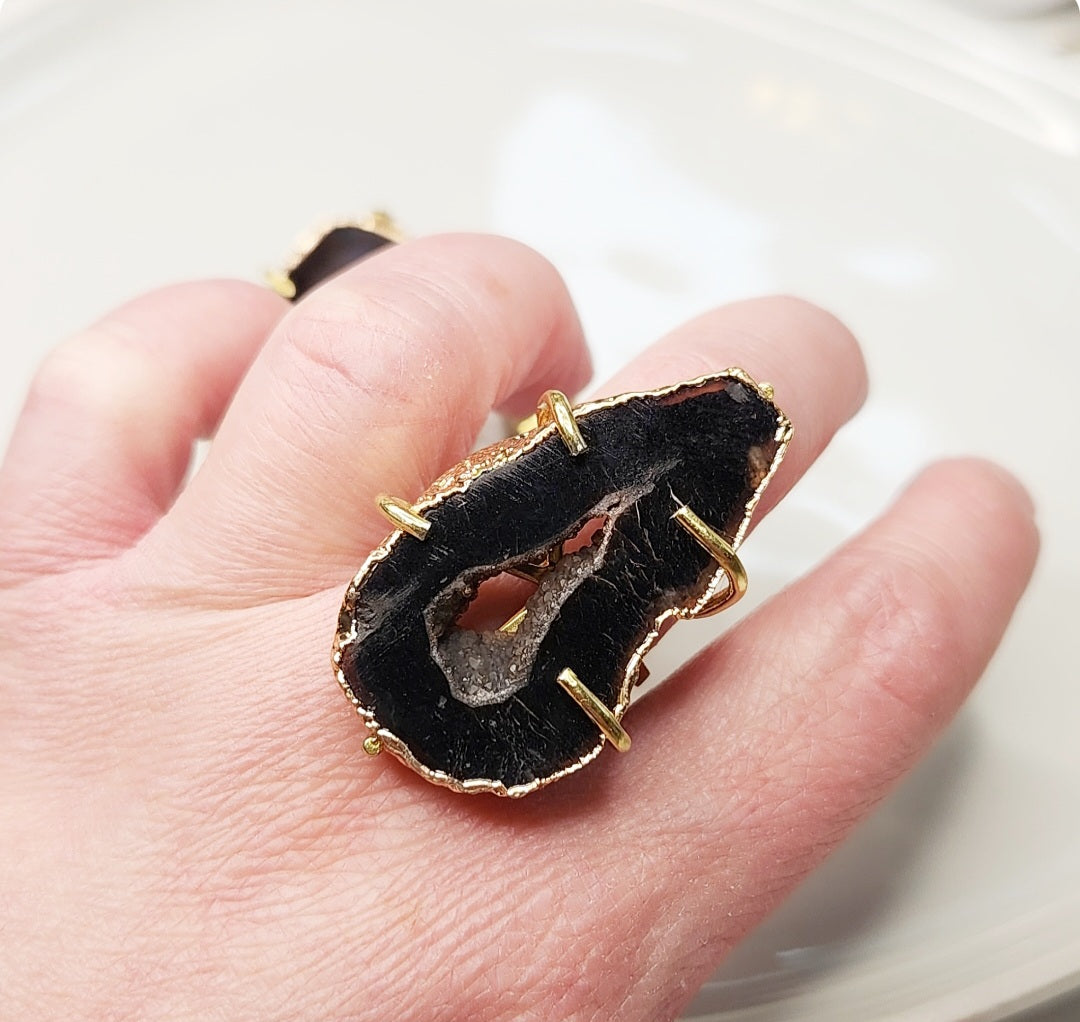 Gold Plated Geode/Agate Slice Solitaire Adjustable Rings