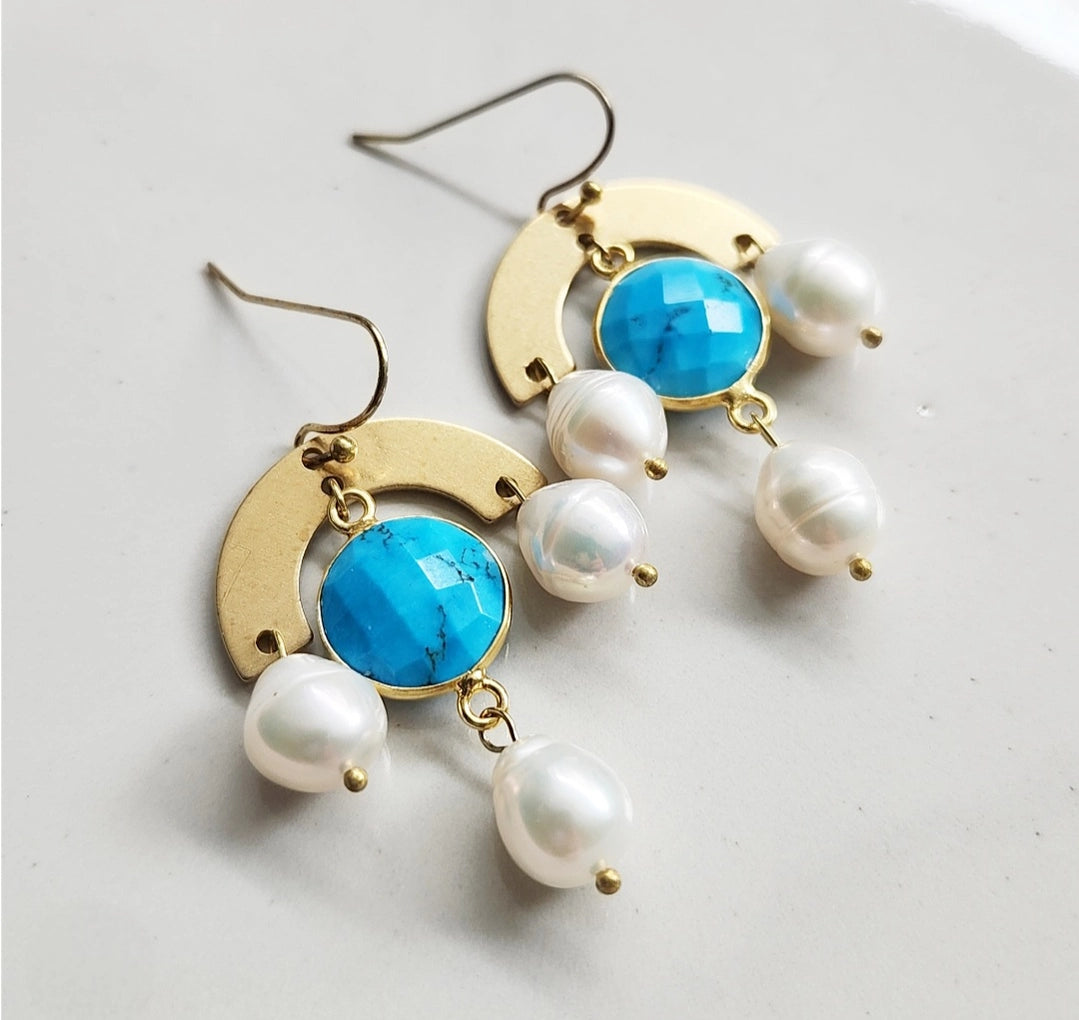 Turquoise and Pearl with Brass Chandelier Dangle Earrings