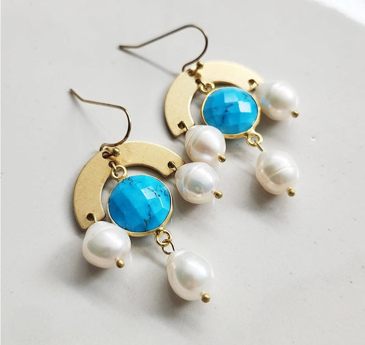 Turquoise and Pearl with Brass Chandelier Dangle Earrings