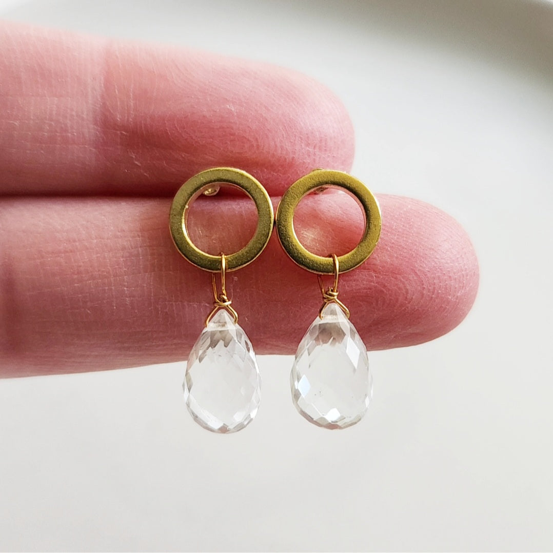 Sparkling Quartz Briolette and Brass Circle Post Earrings