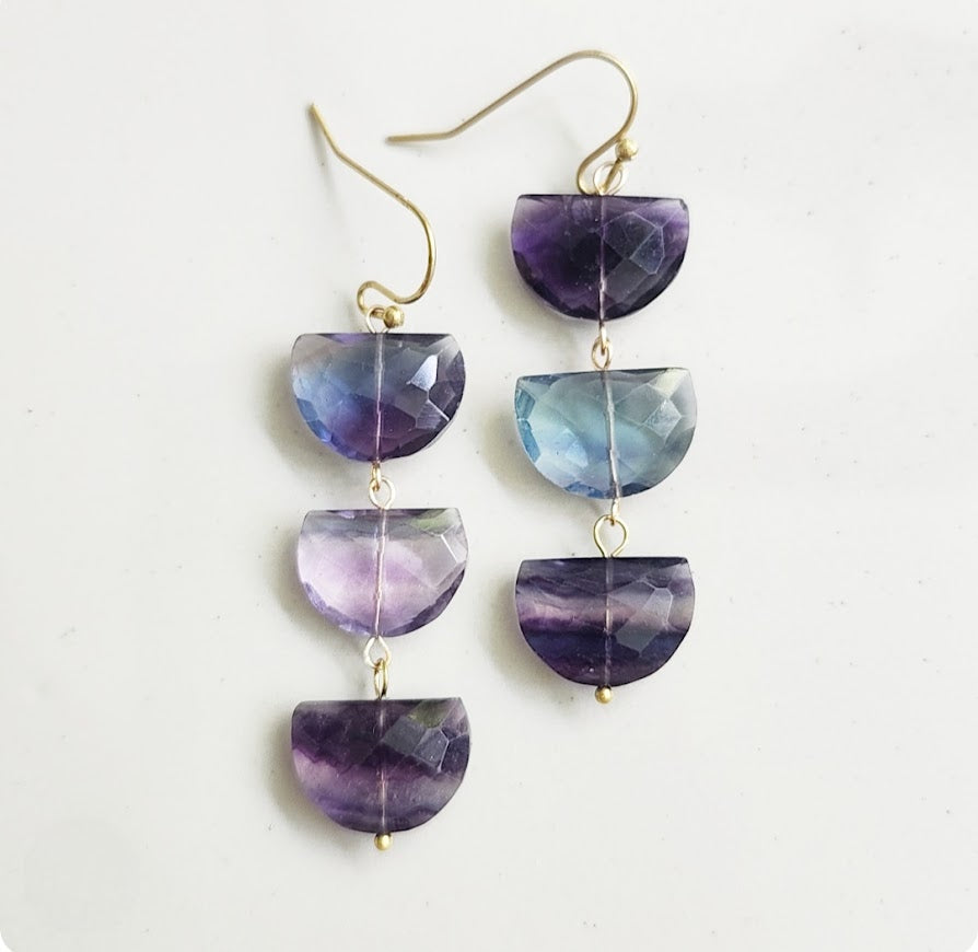 Natural Fluorite Gemstone Half Moon Dangle Earrings