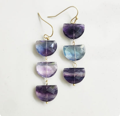 Natural Fluorite Gemstone Half Moon Dangle Earrings