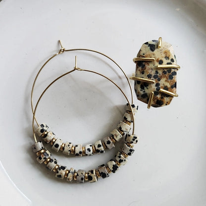 Grounding Dalmatian Jasper and Brass Hoop Earrings and Ring