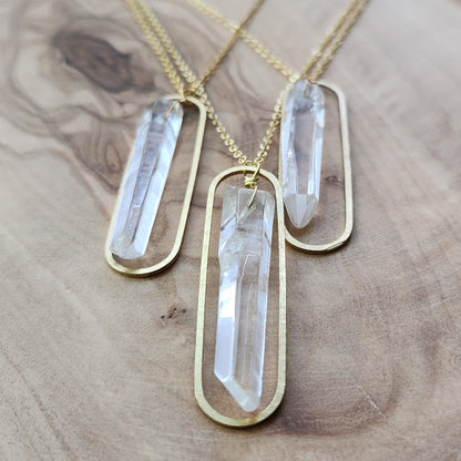 Clear Quartz Crystal and Brass Oval Pendant and Earrings