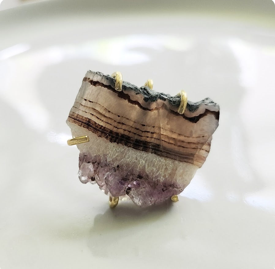 Natural Amethyst Druzy Brass Adjustable Statement Ring