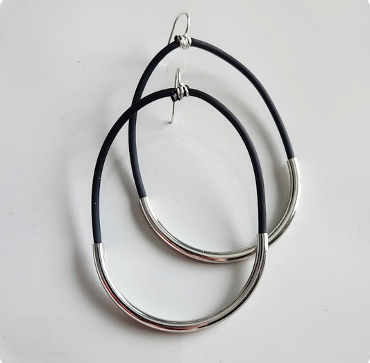 Threaded Black Rubber, Brass & Silver Hoop Dangle Earrings
