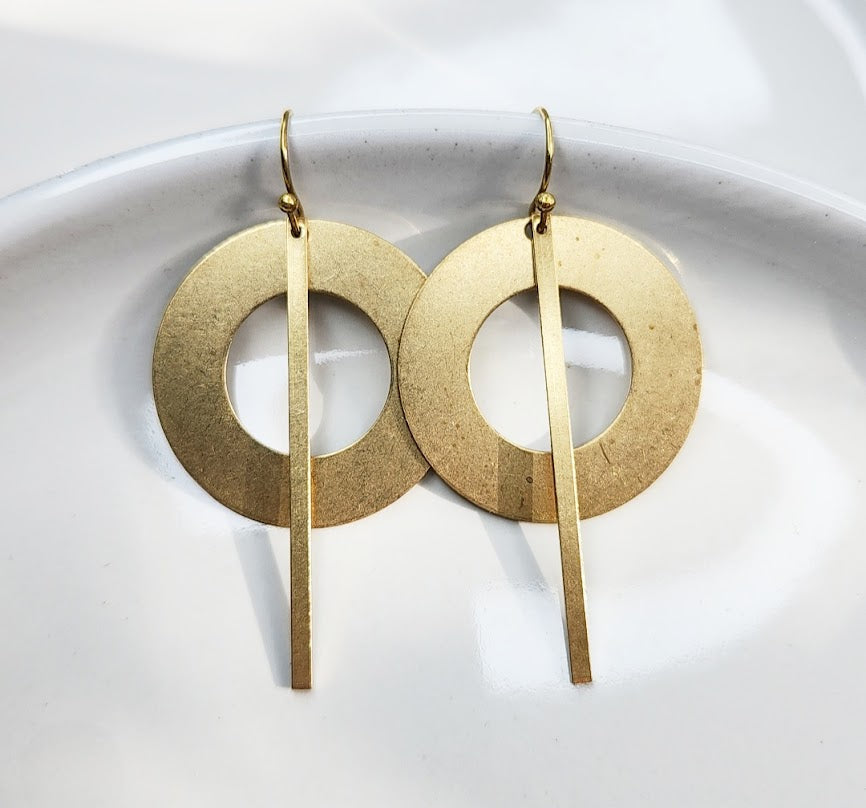 Hoop and Bar Brass Geometric Dangle Earrings