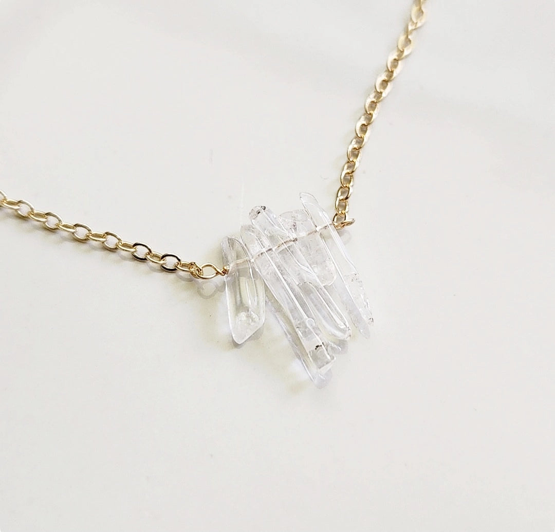 Natural Mini Quartz Stick Crystal Beaded Bib Necklace