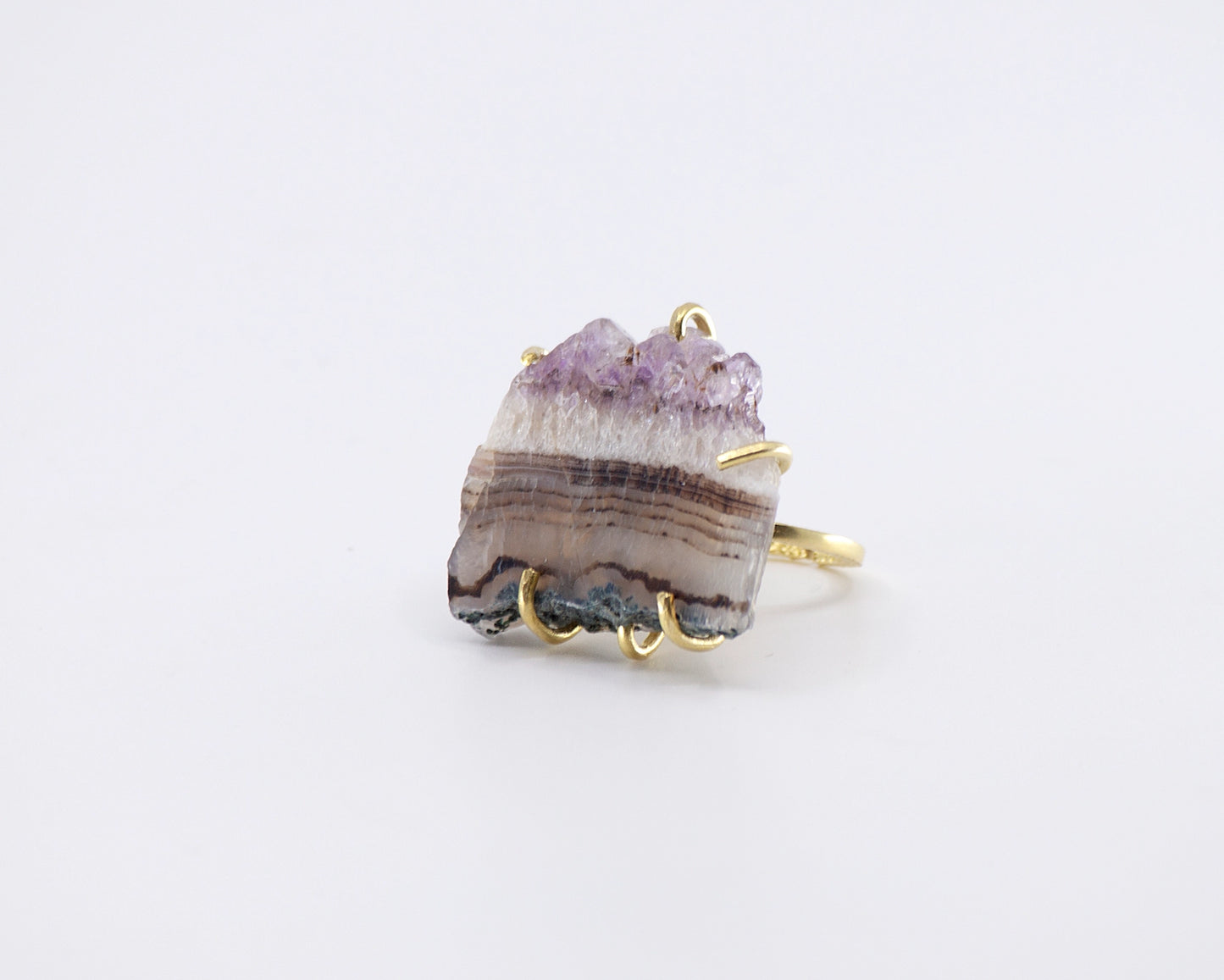 Natural Amethyst Druzy Brass Adjustable Statement Ring