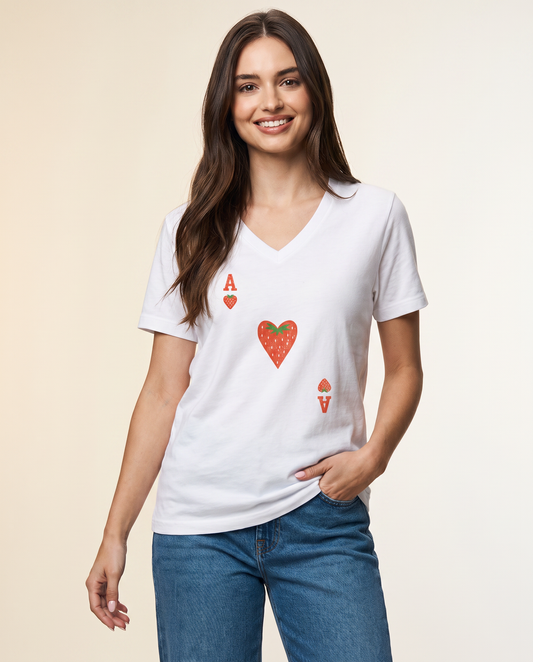 The Ace Of Strawberries, Vintage Distressed Print - Short Sleeve V-Neck Tee