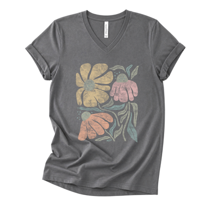Faded Funky Floral Print - Short Sleeve V-Neck Tee