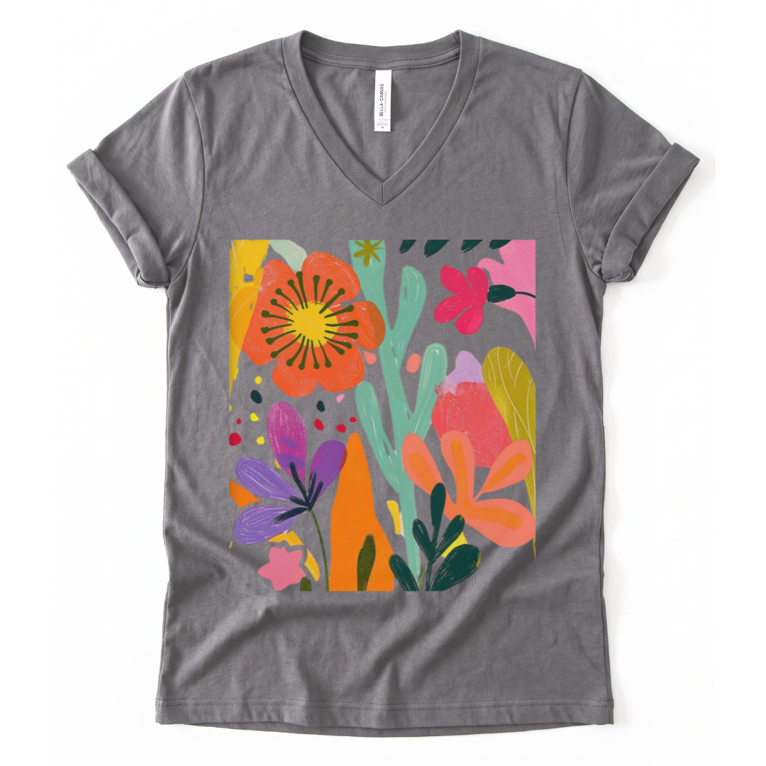 Modern Art Flower Print - Short Sleeve V Neck