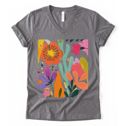 Modern Art Flower Print - Short Sleeve V Neck
