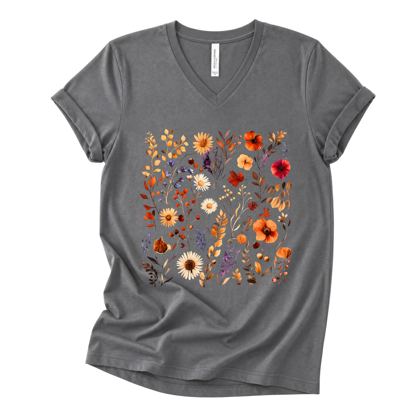 Autumn Boho Floral Print - Short Sleeve V-Neck Tee