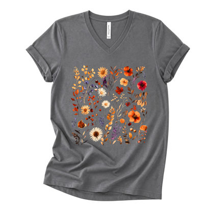 Autumn Boho Floral Print - Short Sleeve V-Neck Tee