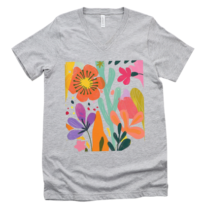 Modern Art Flower Print - Short Sleeve V Neck