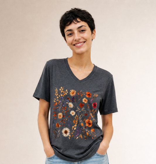 Autumn Boho Floral Print - Short Sleeve V-Neck Tee