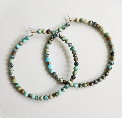 Blue Turquoise and Antiqued Brass Beaded Hoop Earrings