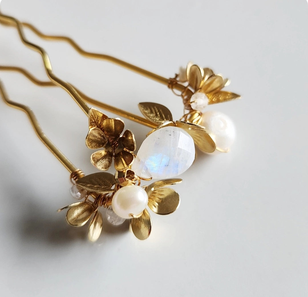 Flower Cluster Hairpins with Moonstone, Pearls and Brass