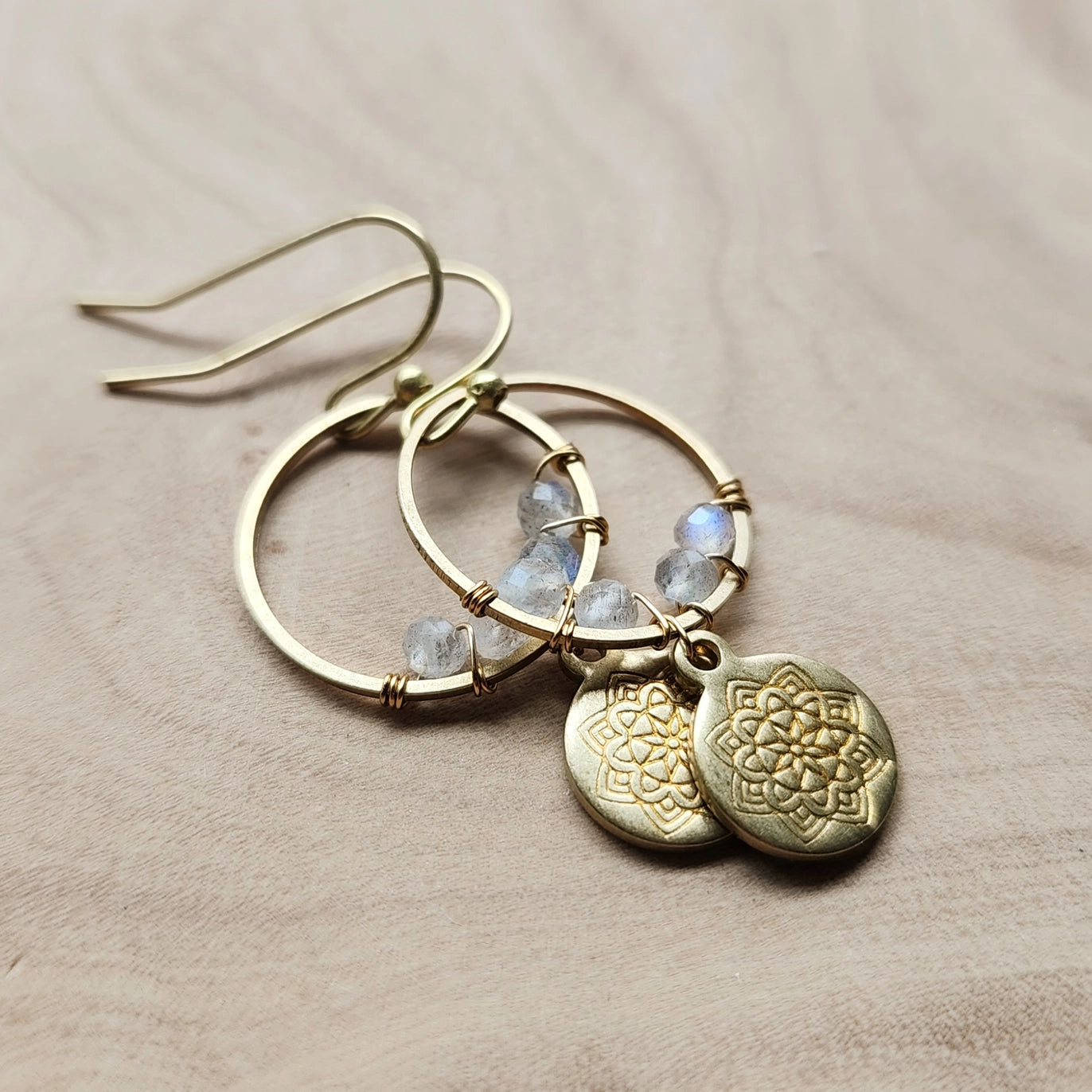 Gemstone & Lotus Charm Beaded Wire Wrapped Dangle Earrings