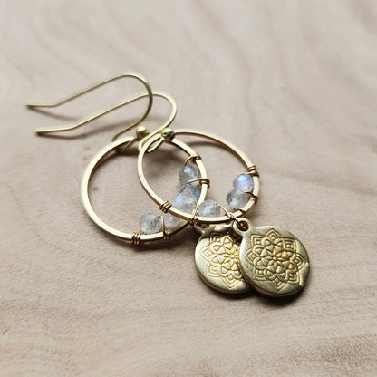 Gemstone & Lotus Charm Beaded Wire Wrapped Dangle Earrings