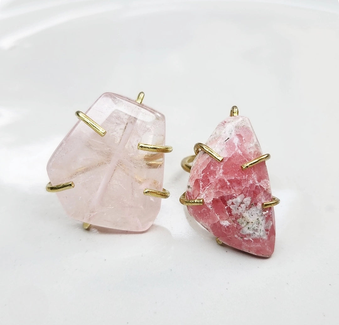 Madagascar Rose Quartz, Rhodochrosite & Brass Rings