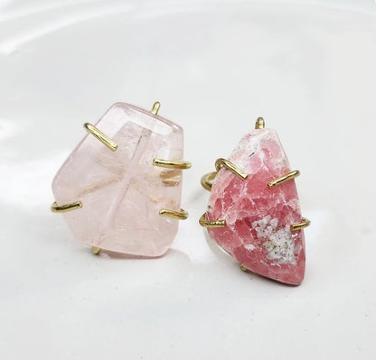 Madagascar Rose Quartz, Rhodochrosite & Brass Rings