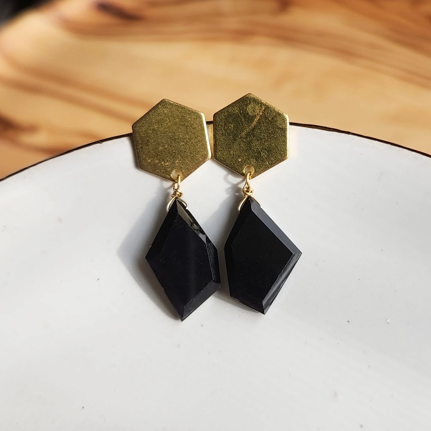Geometric Faceted Black Onyx and Brass Earrings and Necklace
