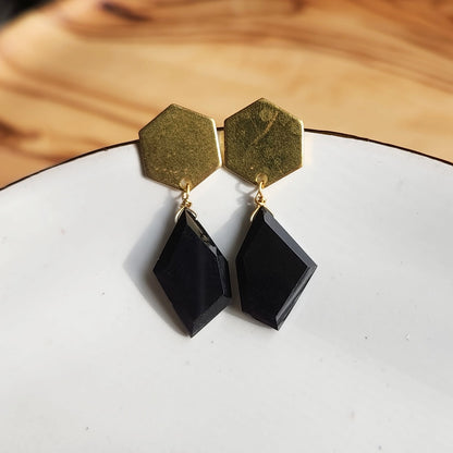 Geometric Faceted Black Onyx and Brass Earrings and Necklace