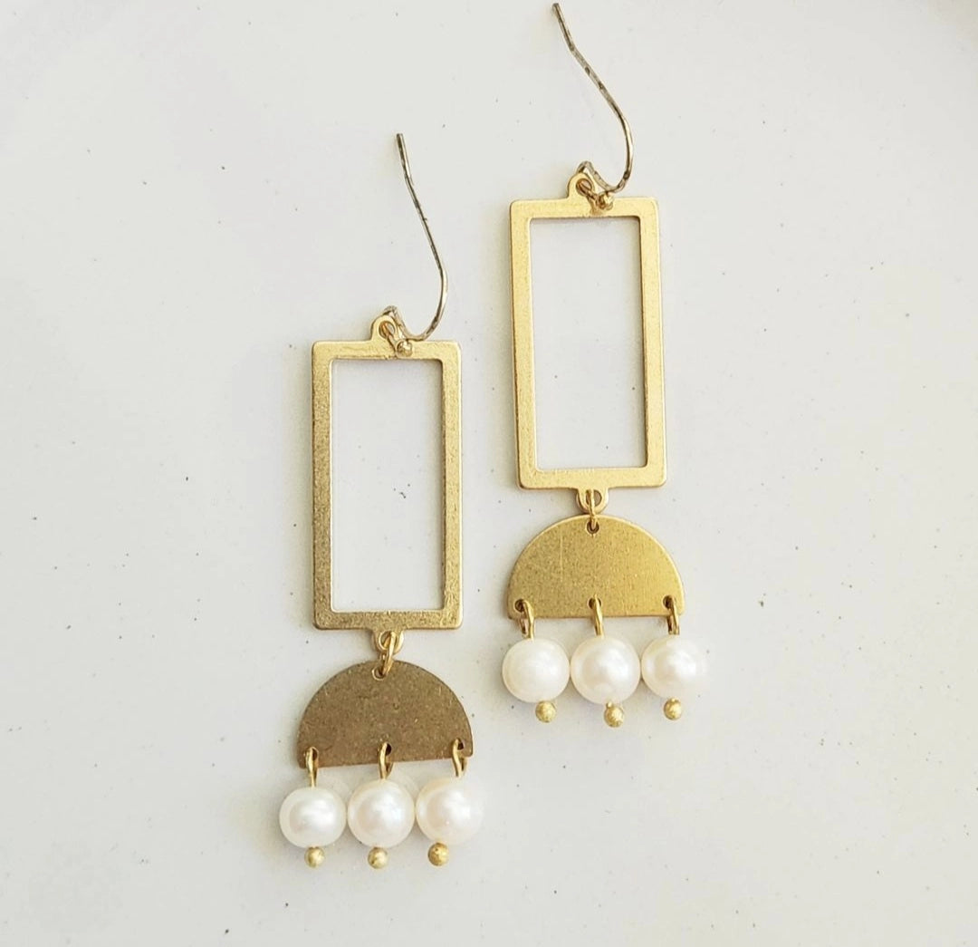 Freshwater Pearl and Brass Geometric Chandelier Earrings
