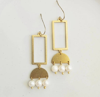 Freshwater Pearl and Brass Geometric Chandelier Earrings