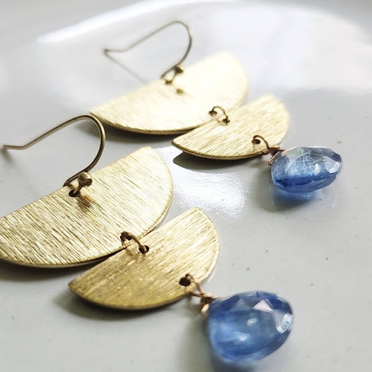 Blue Kyanite and Texture Brass, Silver Moon Phase Earrings