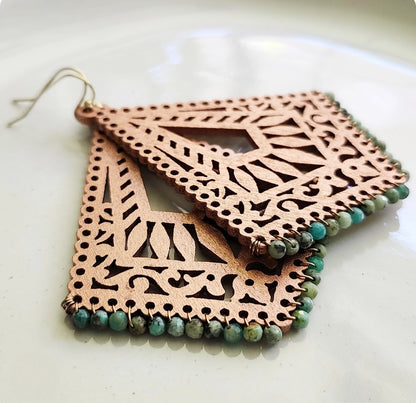 Turquoise and Copper Wrapped Rose Gold Wood Dangle Earrings