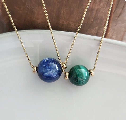 Kyanite and Malachite Globe Focal and Ball Chain Necklaces